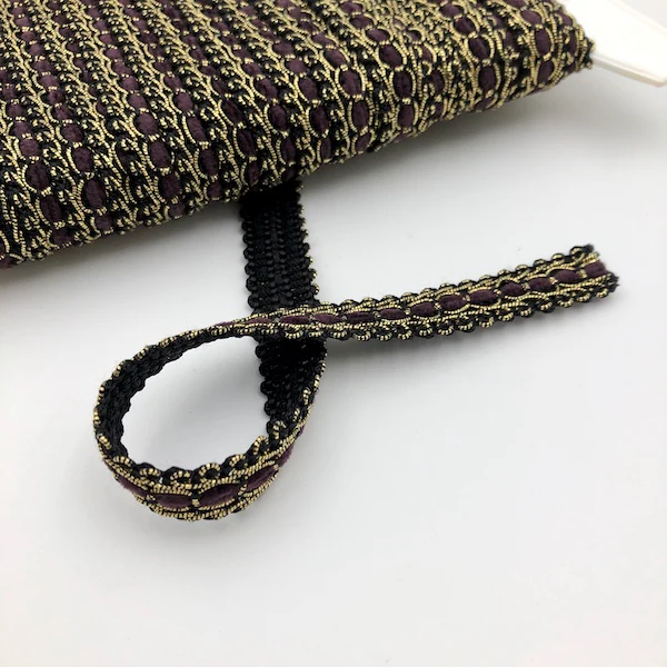 GIMP BRAID Laced 15mm Black Gold Aubergine